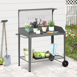 Outdoor Metal Potting Bench with Wheels, Heavy Duty Garden Workbench Table with Storage Shelf (Dark Gray, 52.8"x36.6") DDK