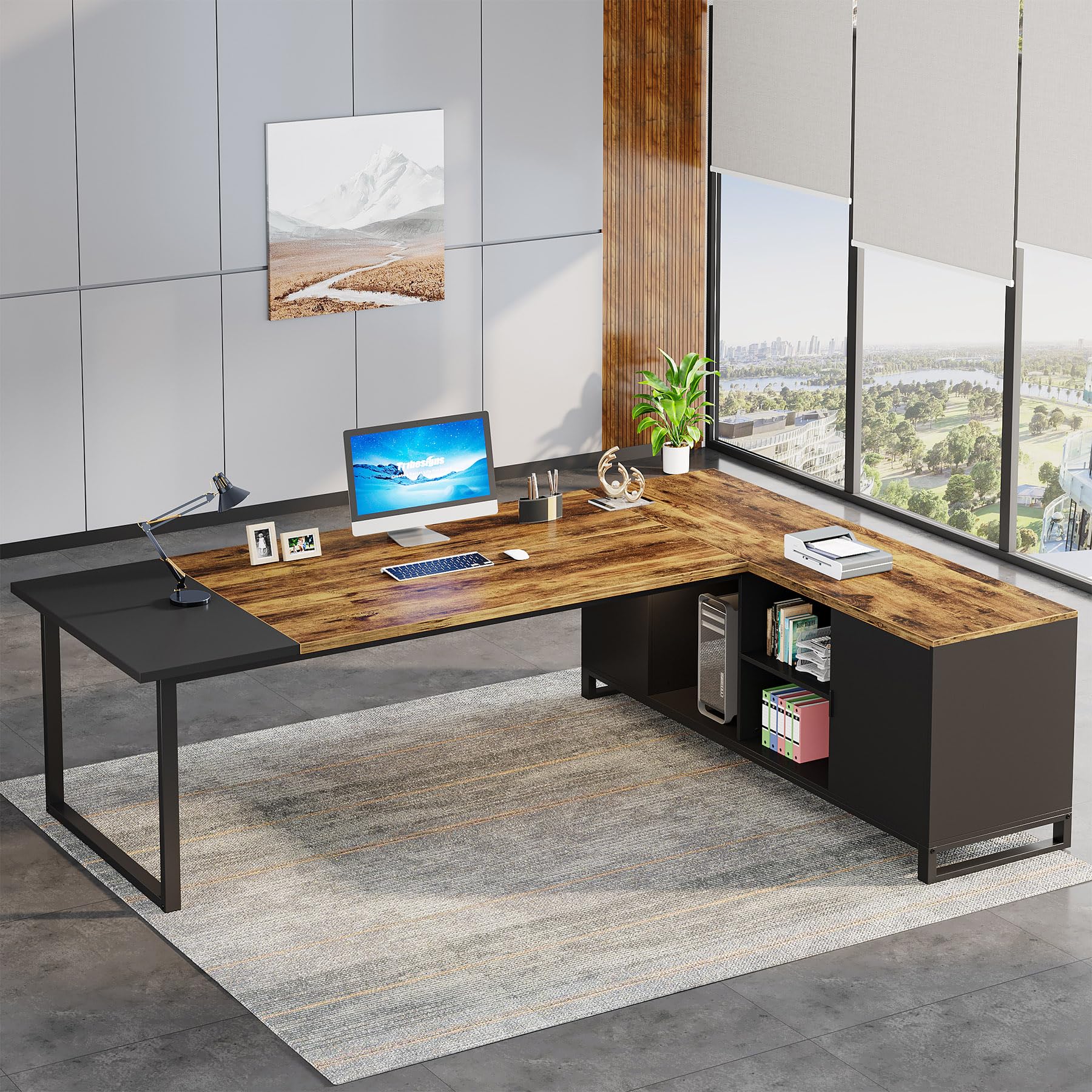 Tribesigns 70.8" Executive Desk with 55" File Cabinet, Industrial L Shaped Computer Desk with Storage Shelves and Cabinet, Large L Shaped Executive Desk for Home Office, Rustic Brown & Black - WoodArtSupply