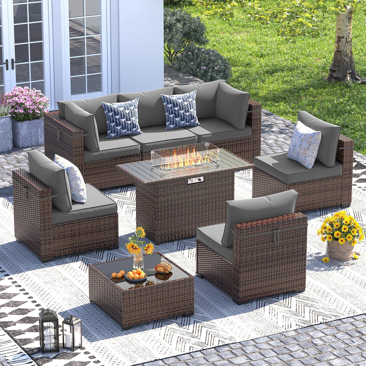 UDPATIO Patio Furniture Set with Fire Pit Table, 8 Piece Outdoor Sectional Modular Sofa, Wicker Outdoor Furniture Conversation Sets with Waterproof Cover for Backyard Deck (Brown/Dark Grey) UDPATIO
