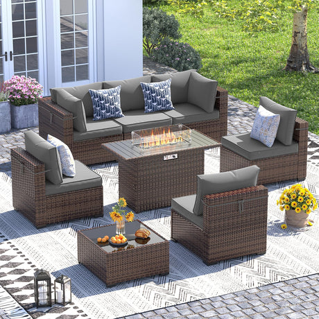 UDPATIO Patio Furniture Set with Fire Pit Table, 8 Piece Outdoor Sectional Modular Sofa, Wicker Outdoor Furniture Conversation Sets with Waterproof Cover for Backyard Deck (Brown/Dark Grey) UDPATIO