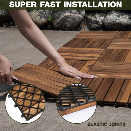 VICTORY RELAX Acacia Wood Decking Tiles 9PCS - Easy Snap Interlocking Deck Tiles for Patio Poolside Balcony Decor - All Weather Waterproof Flooring for Indoor & Outdoor (Round Joints) VICTORY RELAX
