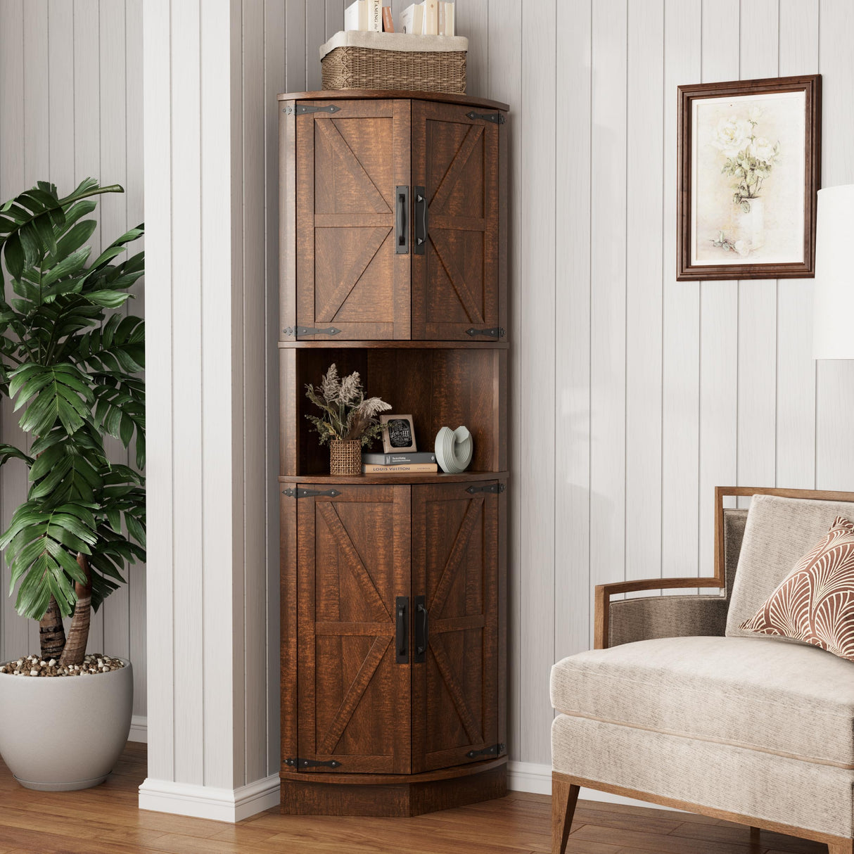 Vabches 64.8" Tall Farmhouse Corner Cabinet with 4 Doors and 5 Storage Shelves, Farmhouse Storage Cabinet with Barn Door Design, Home Space Saver for Living Room, Kitchen, Laundry Room,Brown Vabches