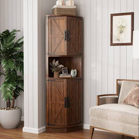 Vabches 64.8" Tall Farmhouse Corner Cabinet with 4 Doors and 5 Storage Shelves, Farmhouse Storage Cabinet with Barn Door Design, Home Space Saver for Living Room, Kitchen, Laundry Room,Brown Vabches