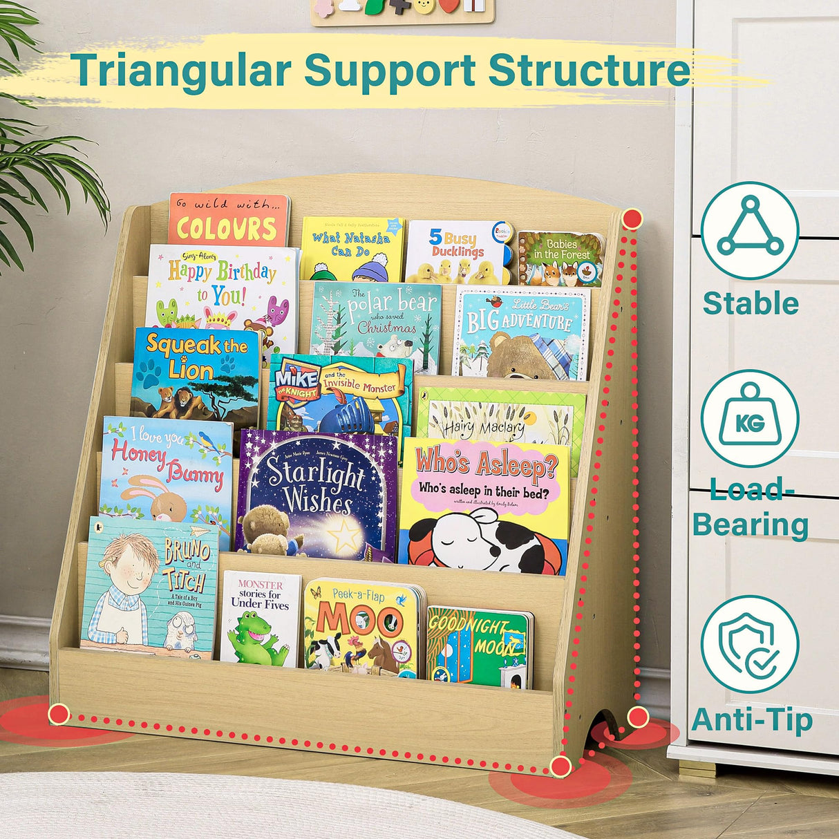 TOETOL 5-Tier Kids Bookshelf - Toddler Book Display Shelves for Classrooms, Playrooms, and Nursery - Wooden Children Book Rack (Natural) TOETOL