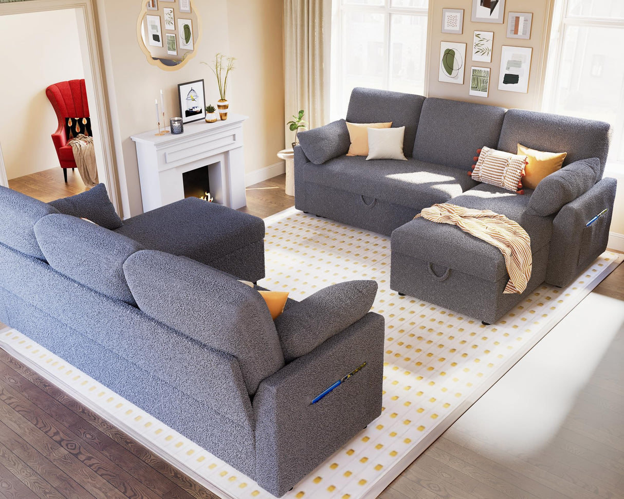 VanAcc Sofa Bed, Sleeper Sofa with Storage Chaise- 2 in 1 Pull Out Couch Living Room, Comfy Sleeper Couch, Grey Boucle VanAcc