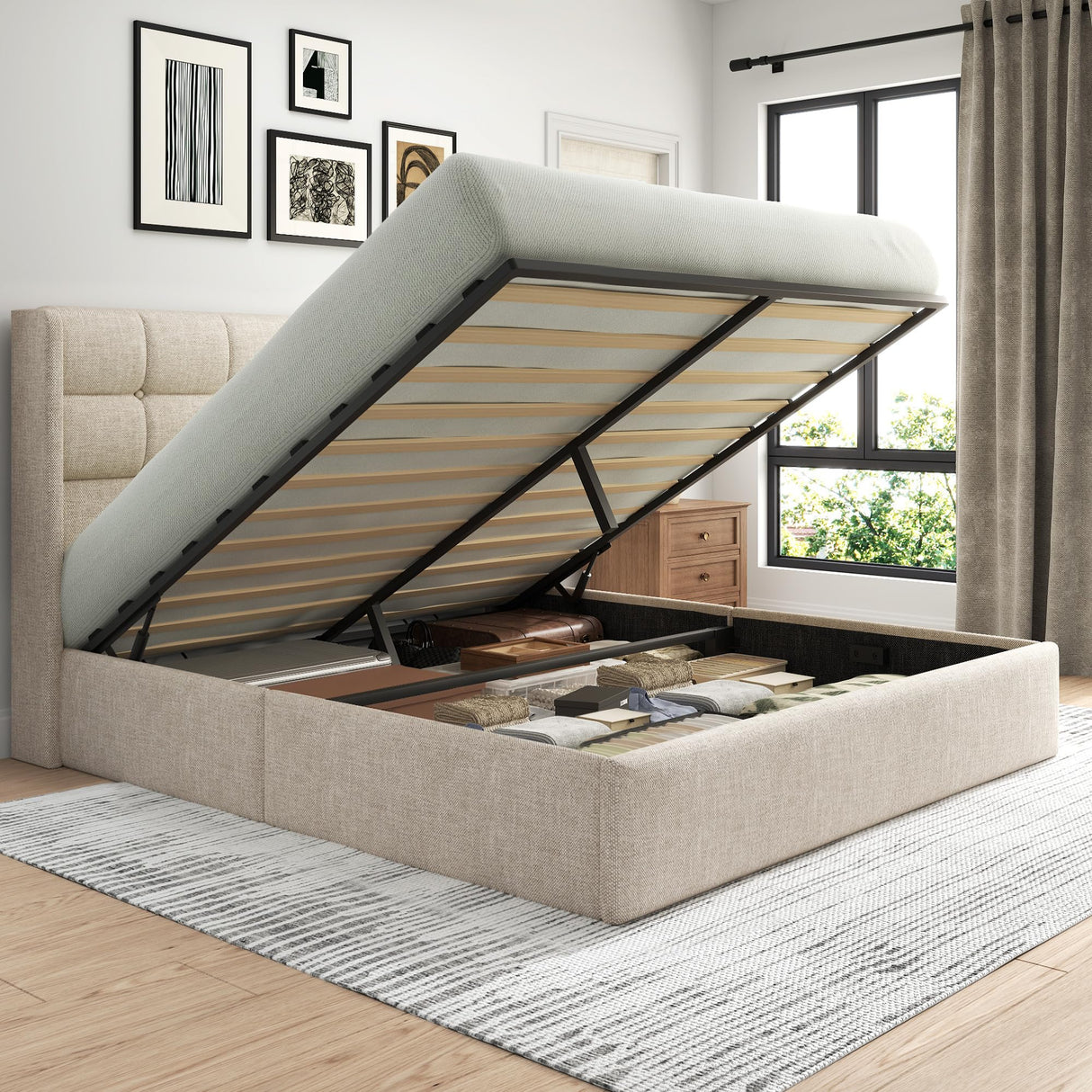 Lifezone Queen Size Storage Bed Frame with Hydraulic Lift & Wingback Headboard, Linen Upholstered, Space Saving Platform, No Box Spring Needed, Noise Free, Strong Support, Modern Furniture, Beige Lifezone