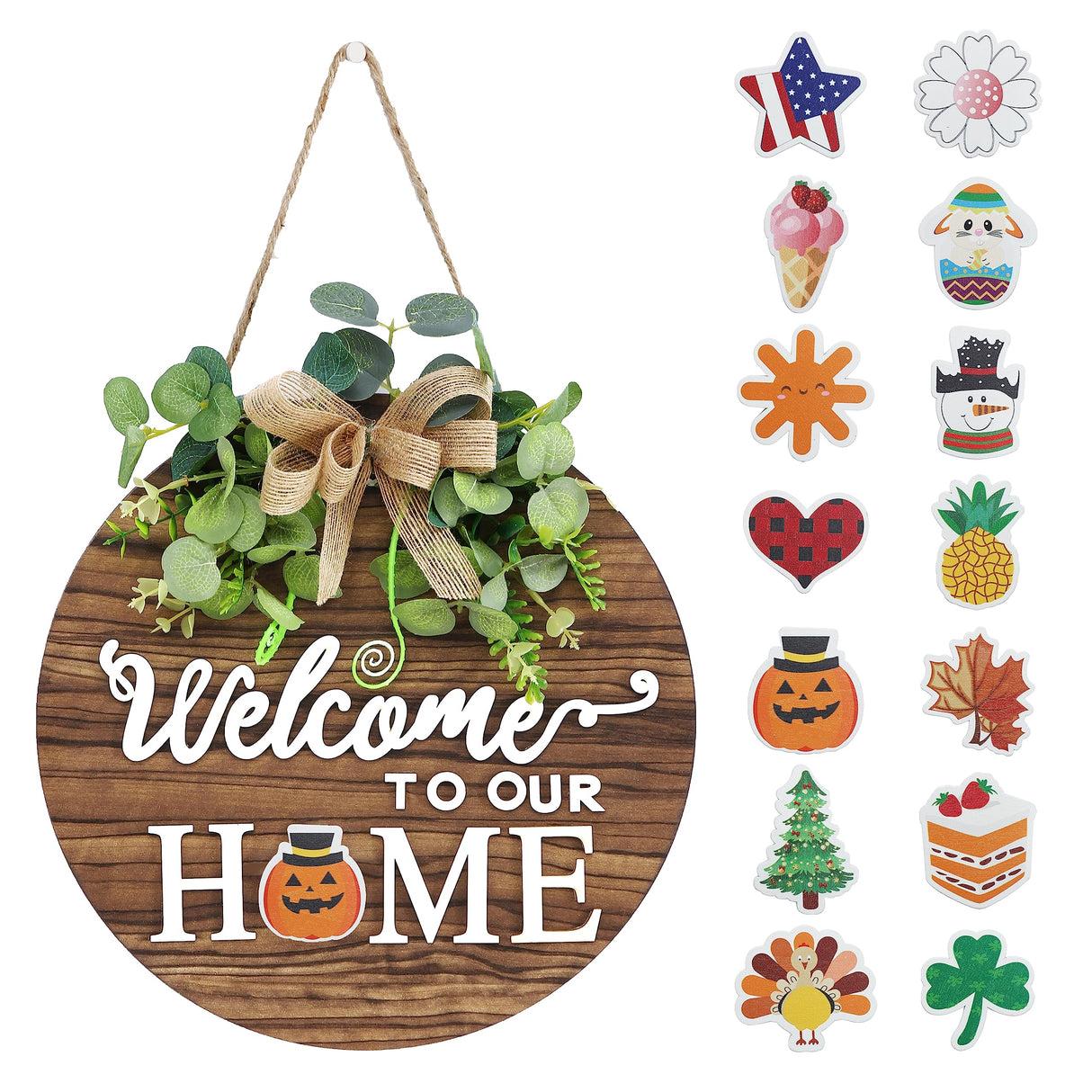 Interchangeable Seasonal Welcome Sign Front Door Decoration, Rustic Round Wood Wreaths Wall Hanging Outdoor, Farmhouse, Porch, for Spring Summer Fall All Seasons Holiday Halloween Christmas. RoseCraft