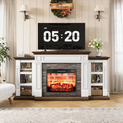 Naice 70" Electric Fireplace with Mantel and Cabinets, Fireplace TV Stand for Living Room Bedroom, Stacked Stone Surround and Remote Control 3D Realistic Flame