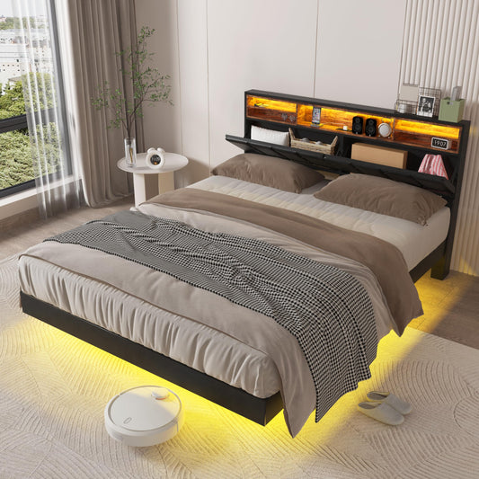 SAVOLIFE King Size Floating Bed Frame with Upholstered Headboard, LED Lights & Charging Station - WoodArtSupply