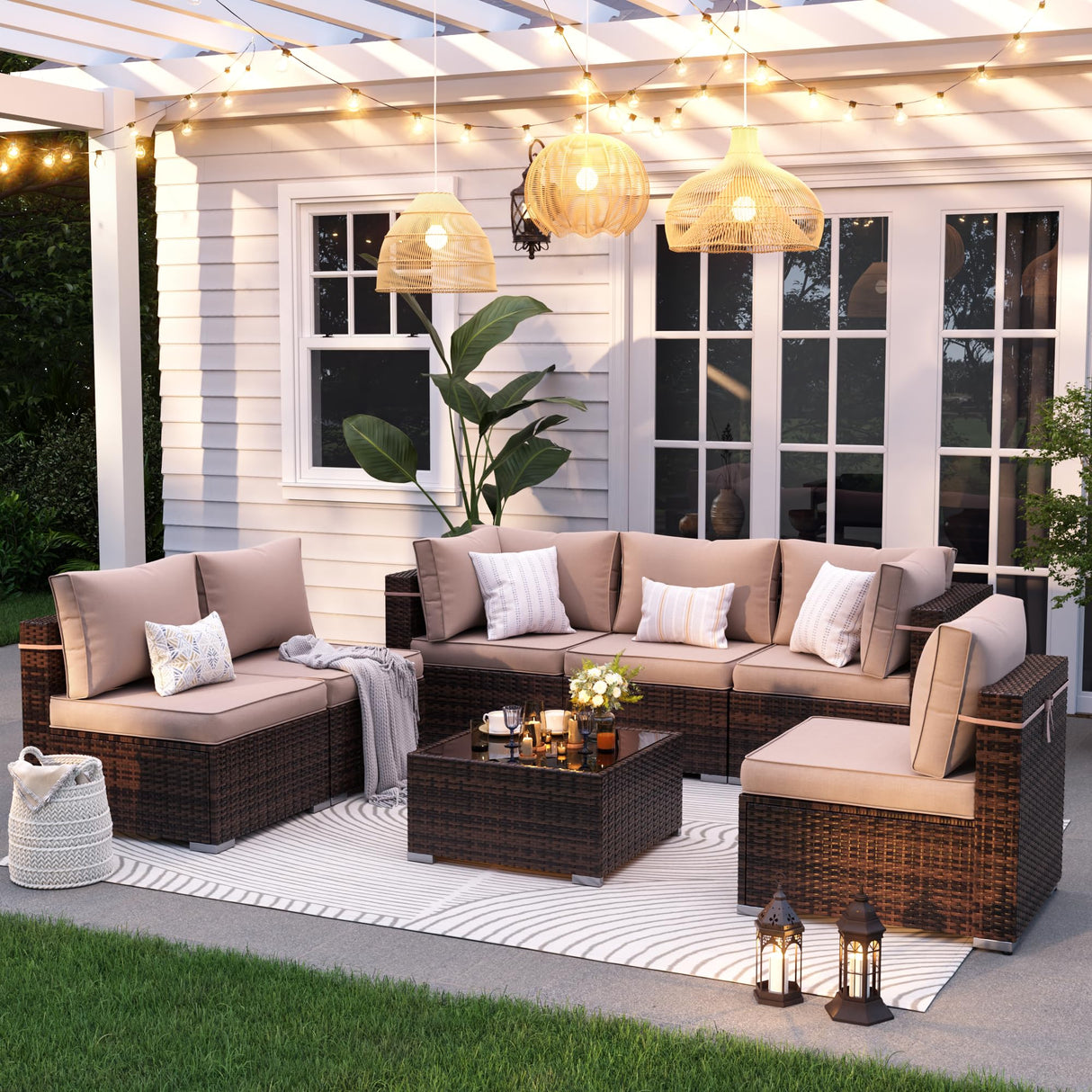 VONZOY Patio Furniture Set, 7-Piece Outdoor Sectional with Waterproof Cover, All-Weather Wicker Patio Conversation Sets for Backyard (Brown with Beige Cushion) VONZOY
