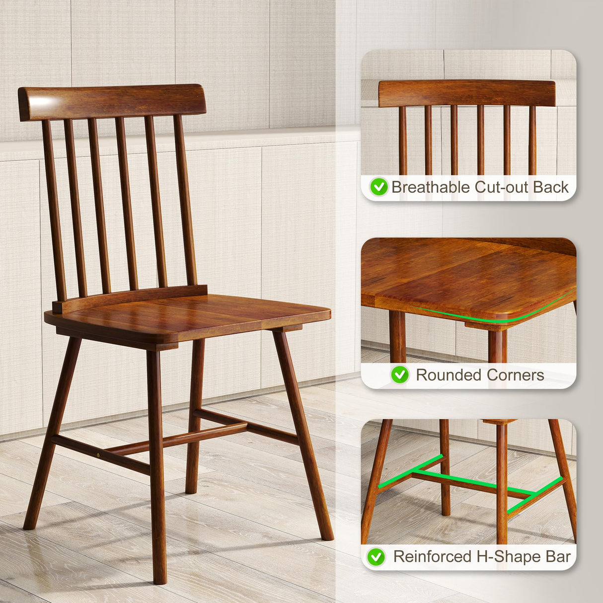HOMCOM Windsor Dining Chairs Set of 4, Farmhouse Wooden Kitchen Chairs with Rubber Wood Frame and Spindle Backrest for Dining Room, Living Room, Light Brown HOMCOM