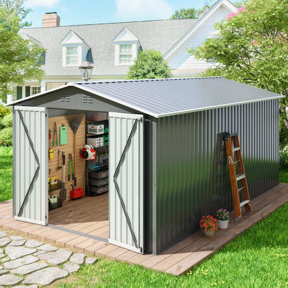 HOGYME 10x12 FT Outdoor Storage Shed, Large Metal Tool Sheds with Updated Frame Structure and Lockable Doors, Garden Shed for Backyard Garden Patio Lawn Grey - WoodArtSupply