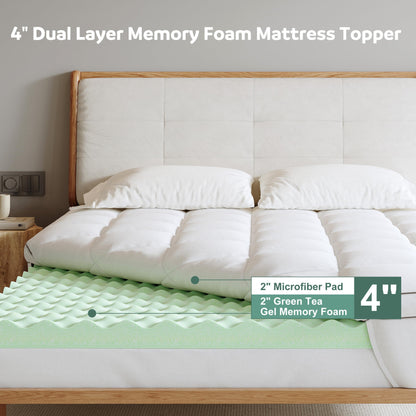 Lazyzizi Memory Foam Mattress Topper Queen, 4inch Dual Layer Cooling 2''Gel Green Tea Memory Foam & 2" Pillow Top Mattress Pad, 8-21inch Deep Pocket, Egg Crate for Back Pain Relief