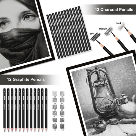 HIFORNY 120 PCS Drawing Set Sketching Kit, Art Supplies with 3-Color Sketchbook,Coloring Book,Rainbow,Colored,Watercolor,Metallic,Graphite,Black & Colored Charcoal Pencils,Blending Tools and More HIFORNY