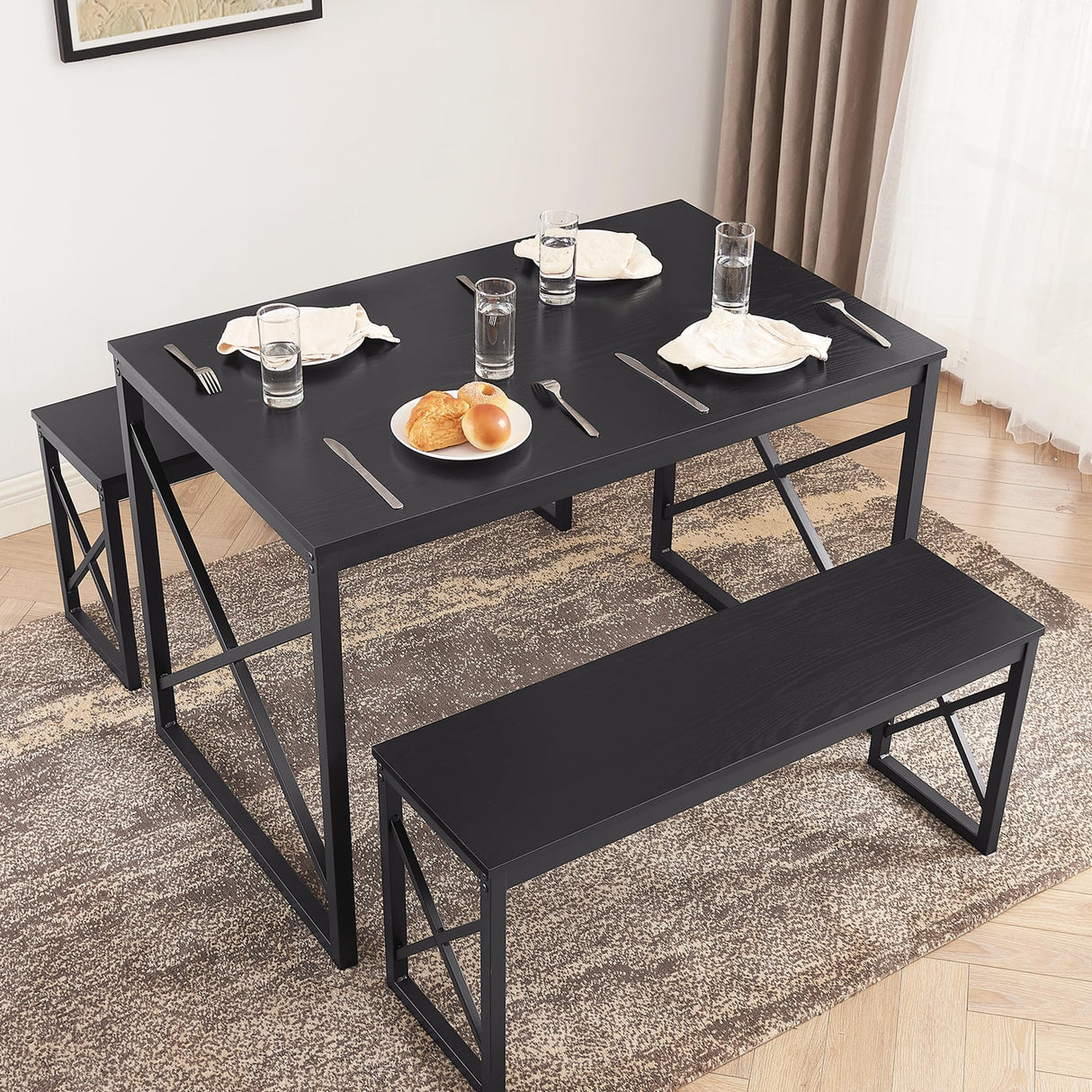 VECELO Kitchen Table with 2 Benches for 4, Wood Dining Room Dinette Sets with Metal Frame for Breakfast Nook and Small Space, Black VECELO