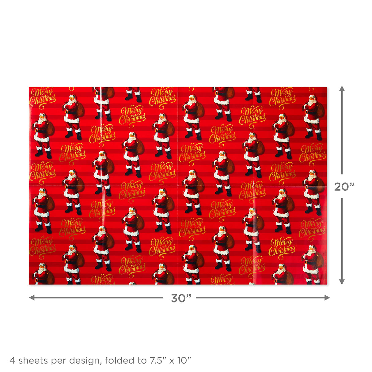 Hallmark Christmas Flat Wrapping Paper Sheets - Red Gift Wrap Paper (12 Folded Sheets with Sticker Seals) Red, White and Gold Stripes, Santa Claus, Snowflakes on Plaid Hallmark