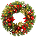 Sggvecsy 17 Inch Artificial Christmas Wreath for Front Door with 20 LED Lights Pine Needles Christmas Balls Red White Berries Pine Cones Bows Decoration for Winter Wall Outdoor Home Holiday Xmas Decor Sggvecsy