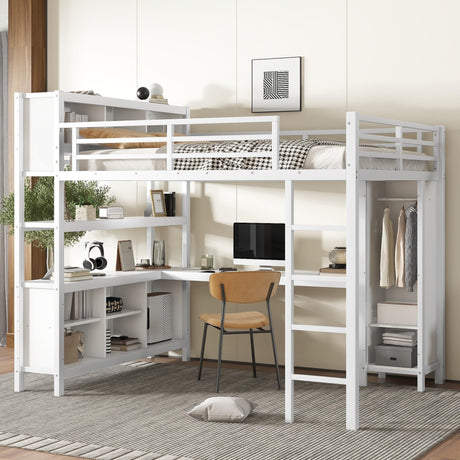 LUMISOL Metal Loft Bed with Wardrobe and L-Shaped Desk, Queen Size Loft Bed with Storage Cubes and Shelves, Heavy Duty Loft Bed for Teens Adults, White LUMISOL