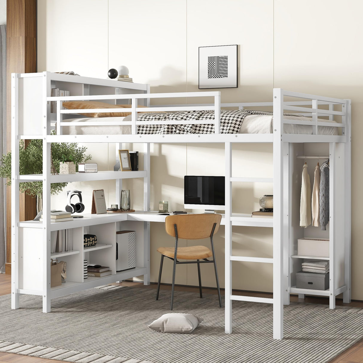 RuiSiSi Queen Size Loft Bed with L-Shaped Desk and Storage Wardrobe, Heavy Duty Metal Loft Bed with Storage Cubes and Shelves for Adults Kids, Space-Saving Loft Bed with Guardrail and Ladder, White RuiSiSi