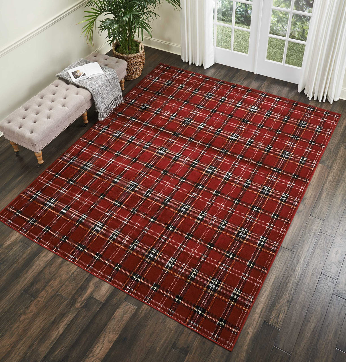 Nourison Home Grafix Red 7'10'' x 9'10'' Area-Rug, Modern, Plaid, Bed Room, Living Room, Dining Room, Kitchen, Easy-Cleaning, Non Shedding, (8' x 10') Nourison