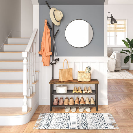HOOBRO Coat Rack Shoe Bench, 3-Tier Shoe Rack, Industrial Shoe Organizer Storage Bench, Entry Bench with Mesh Shelves, for Entryway, Living Room, Hallway, Easy Assembly, Rustic Brown BF12HX01 HOOBRO