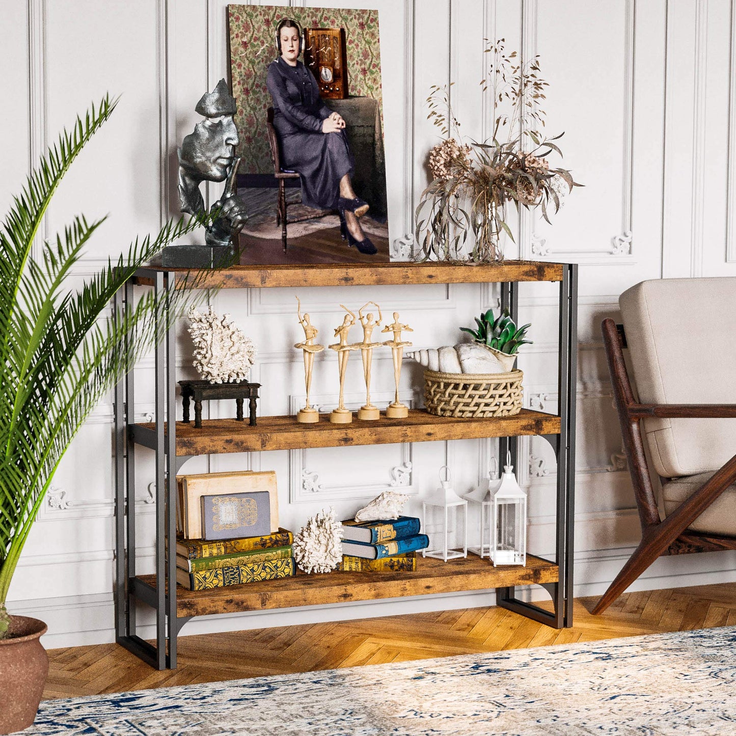 Industrial Vintage Brown 3-Tier Bookshelf by IRONCK - Sturdy Metal Frame & Spacious Storage - WoodArtSupply