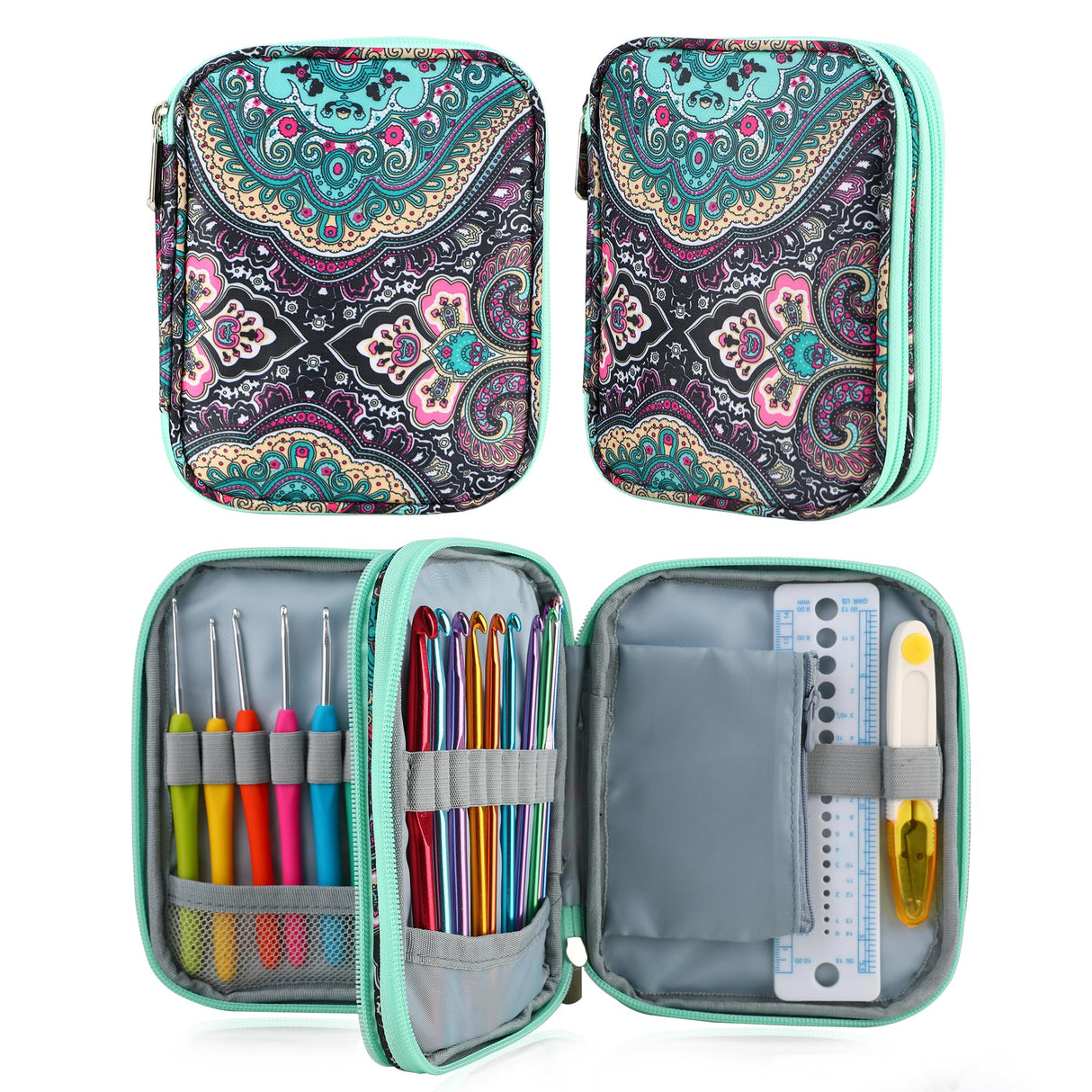 LOOEN Crochet Hook Case with Zipper and Web Pockets for Crochet Needles/Knitting Accessories - Lightweight Organizer Bag for Crochet Hook Kit Tools LOOEN