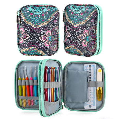 LOOEN Crochet Hook Case with Zipper and Web Pockets for Crochet Needles/Knitting Accessories - Lightweight Organizer Bag for Crochet Hook Kit Tools LOOEN