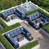Aoxun 12 Piece Patio Furniture Set with 44” Fire Pit Table Wicker Rattan Patio Sectional Sofa Set Outdoor Seating Furniture with Thickened Cushion, Navy Blue Aoxun