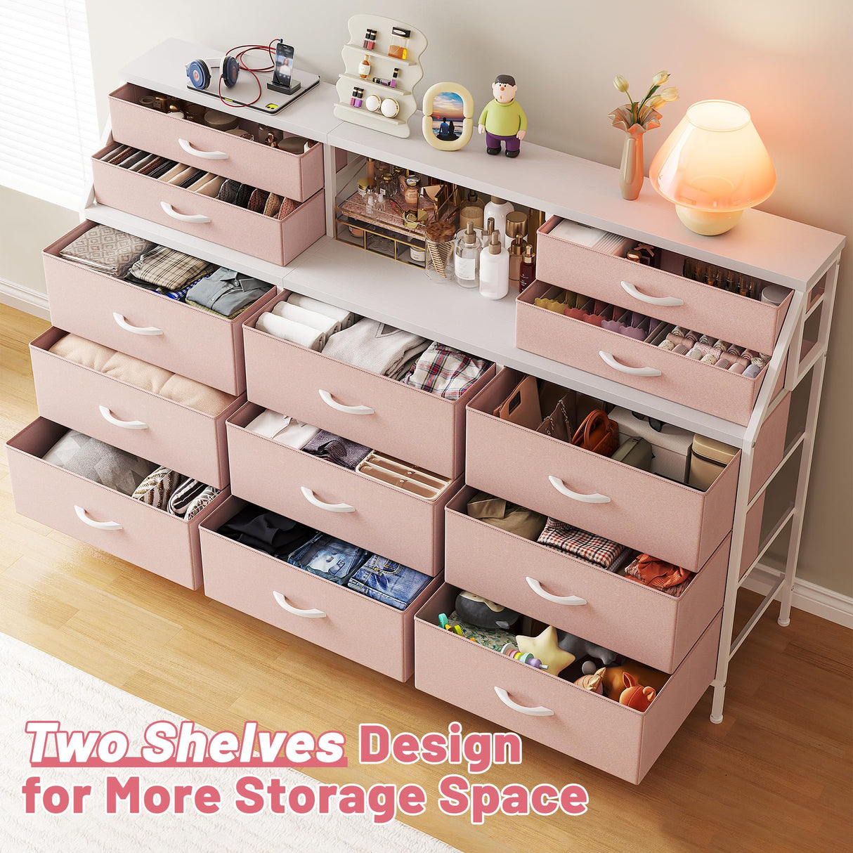 EnHomee 55”W Dresser for Bedroom, Pink Dresser for Bedroom, Dresser with 13 Large Drawer, Dressers & Chests of Drawers, Bedroom Dresser with 2 Shelves, Long Dresser for Closet EnHomee