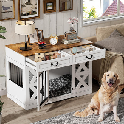 WJFORLION Large Dog Crate Furniture - Dog Kennel with Drawers Storage and Locks, 2-in-1 Crates for Dogs Indoor, Heavy Duty Dog Crate for One Large or 2 Small Dogs