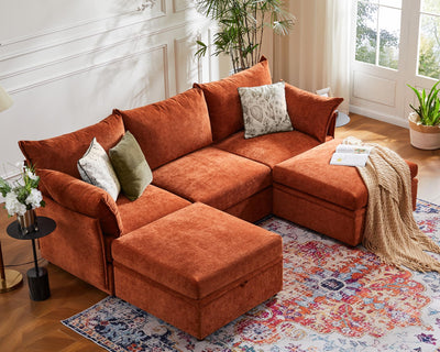 ABCASA Luxury Modular Sectional Sofa w/Storage Otoman, 99" U Shaped Modular Couch with Reversible Chaise, 5 Seater Sofa for Living Room, Apartment, Compact Spaces - Chenille Terracotta