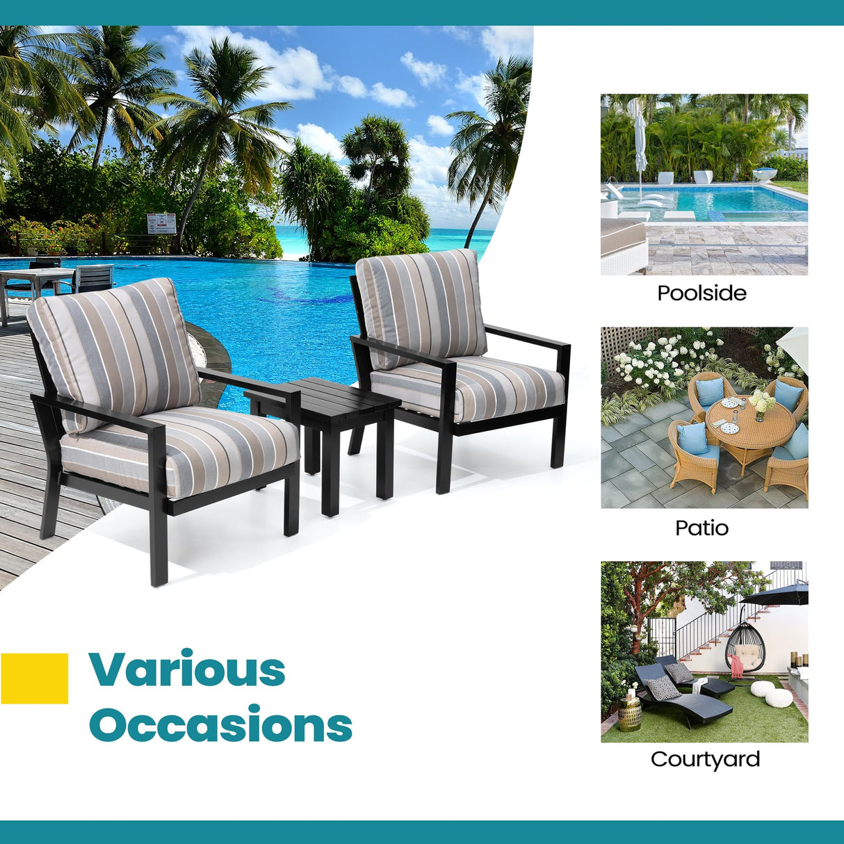 Pellebant 3 Pieces Patio Conversation Set with Sunbrella Cushion, Aluminum Patio Furniture Set Outdoor Bistro Set Modern Armchair Sofa and Side Table for Garden, Balcony, Backyard, Milano Char Pellebant