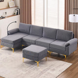 UPHYB 114” U-Shaped Sectional Sofa Couch,Corduroy Convertible 4 Seater Sofa Set with Chaise Lounge,Ottoman and Detachable Phone Holder,Comfy L Couch for Living Room,Bed Room and Apartment(Grey) UPHYB