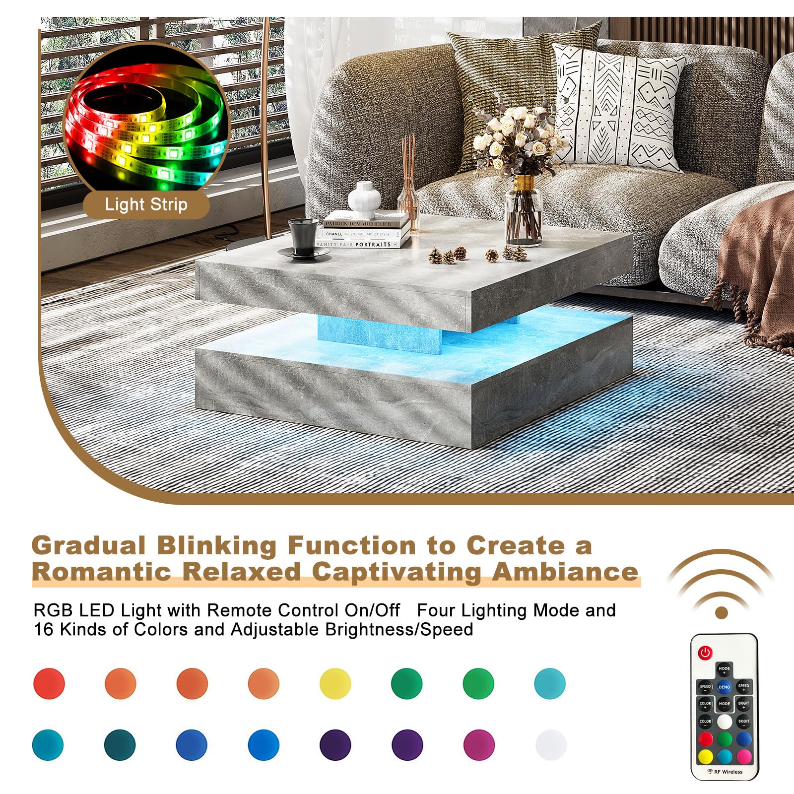 HedoAjim LED Coffee Table for Living Room, 31inch Wooden Square 2-Tier Modern Middle Center Table, Coffee Table with 16-Color Plug-in LED Light, Cocktail Tea Table for Home Office Reception R - WoodArtSupply