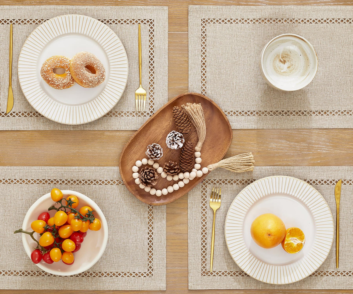 Aoztio Burlap Placemats Set of 4, 12 x 18 Inch Rustic Geometric Hollow Place Mats, Heat Resistant Placemats for Farmhouse Kitchen Table Decor, Coffee 4PCS Aoztio