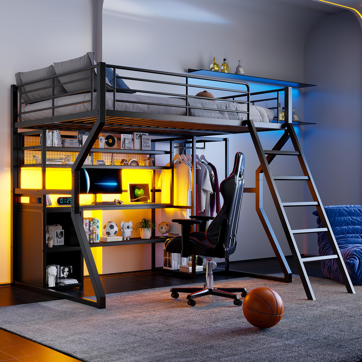 HZXINKEDZSW Full Size Metal Gaming Loft Bed with Built-in Work Station,Open Wardrobe,LED and Multiple Storage,Modern Bed Frame with Safety Guardrail for Kids Teen Bedroom Furniture (Black-15, Full) HZXINKEDZSW