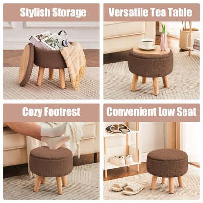 Poofzy Ottoman with Storage, Storage Ottoman, Small Foot Stool Ottoman with Wood Legs, Teddy Velvet Foot Rest for Couch, Living Room and Bedroom - Brown