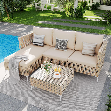 JHSDFOUIH Patio Furniture Set, Outdoor Couch with Glass Coffee Table&Thick Cushion, Wicker Chaise Longue Sofa Set, All-Weather PE Rattan Conversation Set for Garden, Deck, Poolside(3pcs Yellow&Beige) JHSDFOUIH
