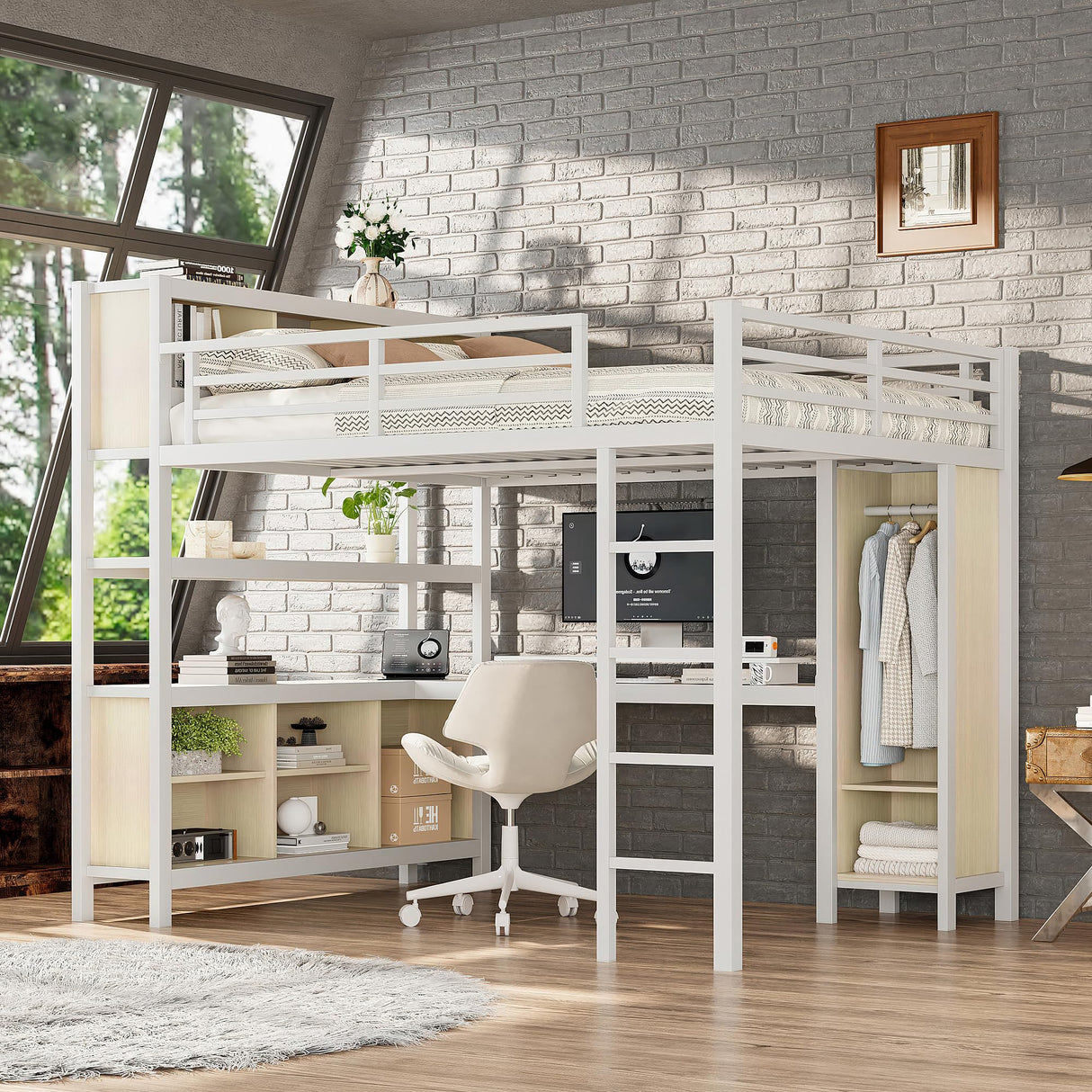 Bellemave Queen Loft Bed with Desk & Wardrobe, Heavy Duty Metal Loft Beds with Storage Shelves, Space Saving Loft Bed Queen Size with Safety Guard, White Wood Grain Bellemave