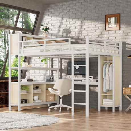 Bellemave Queen Loft Bed with Desk & Wardrobe, Heavy Duty Metal Loft Beds with Storage Shelves, Space Saving Loft Bed Queen Size with Safety Guard, White Wood Grain Bellemave
