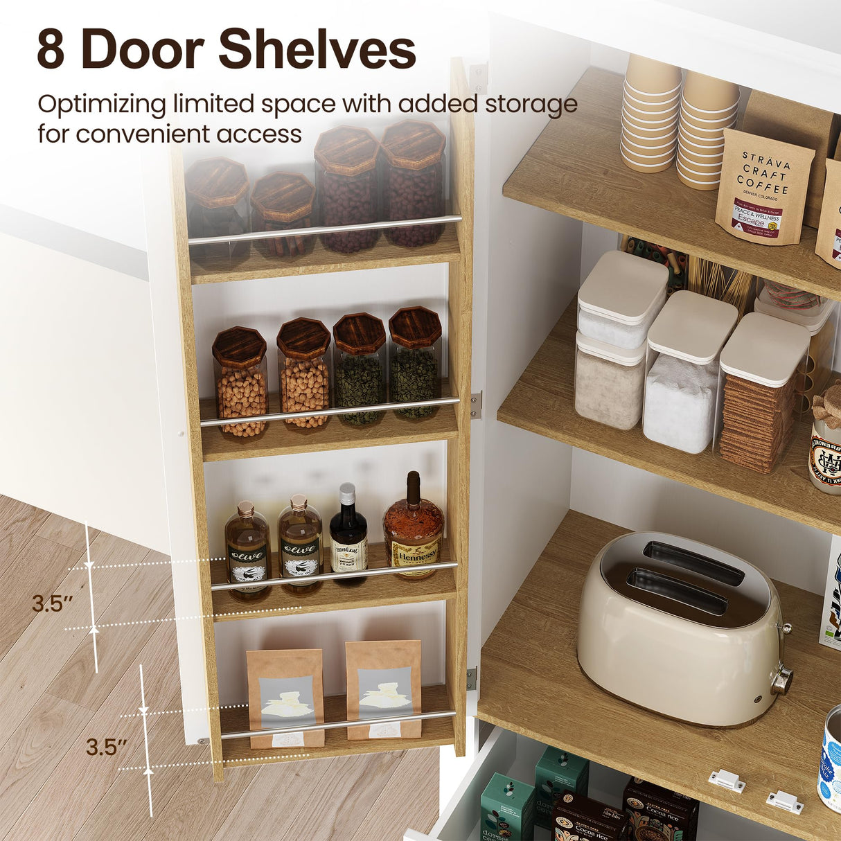 RoyalCraft 70'' Tall Kitchen Pantry Cabinet, Large Storage Cabinet with 8 Door Shelves, White Kitchen Cabinet with 2 Drawers & Adjustable Shelves for Dining Room, Living Room, Laundry RoyalCraft