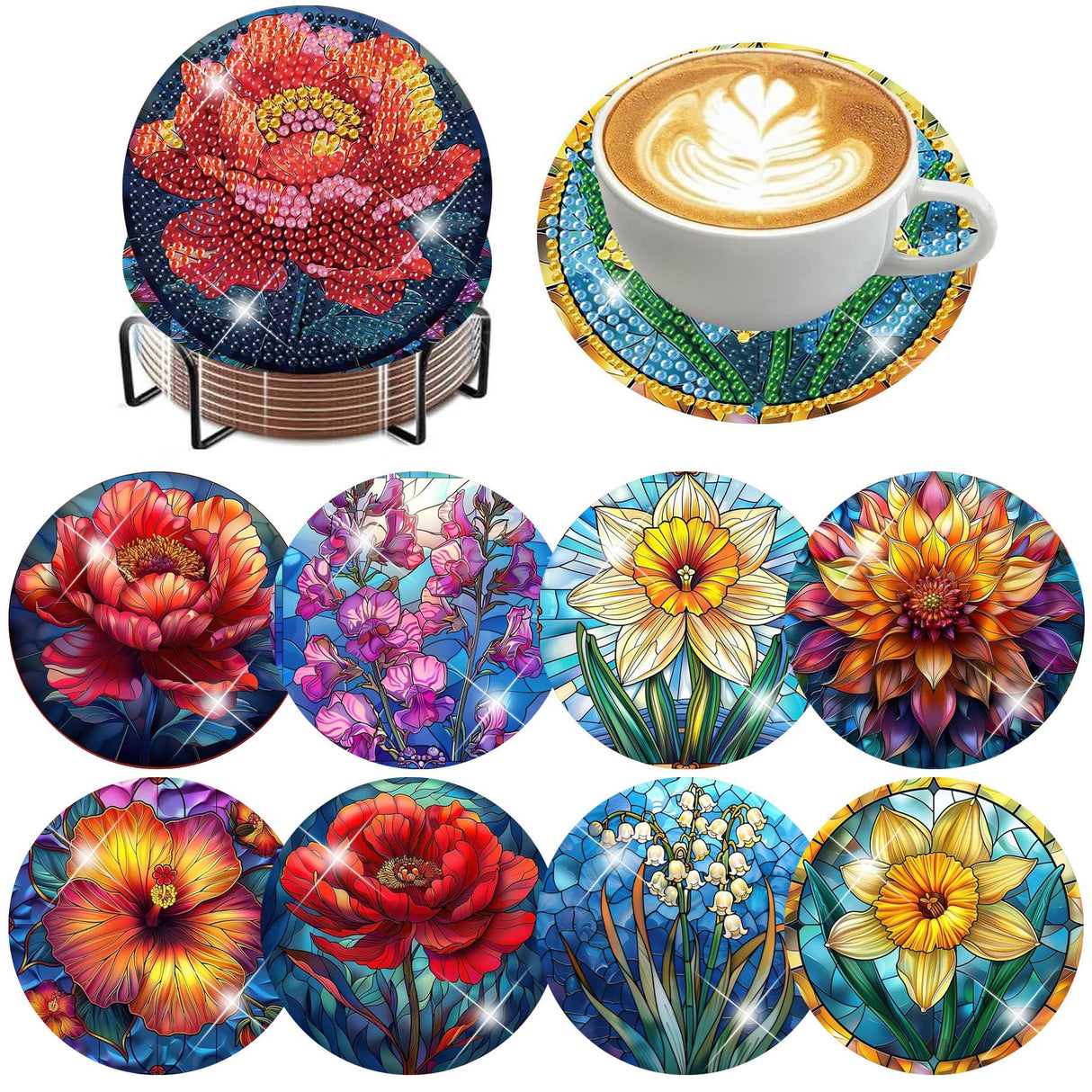 Zythron 8 PCS Diamond Art Coasters,Flowers Diamond Painting Coasters Kits Flower DIY with Holder DIY for Beginners, Adults, Diamond Art Kits for Adults Diamonds Art Crafts Supplies 4x4 in Zythron