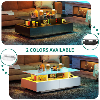 YITAHOME LED Coffee Table with Storage, Modern Coffee Tables for Living Room, High Glossy LED Coffee Table with Open Display Shelf & Sliding 4 Drawers, Rectangular Small Center Table, White