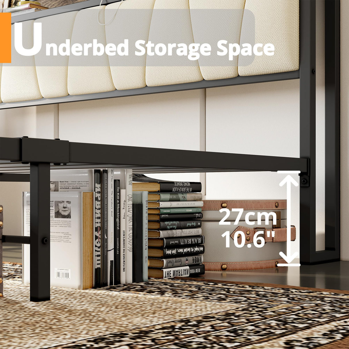 LIKIMIO Queen Bed Frame, Storage Headboard with Charging Station, Solid and Stable, Noise Free, No Box Spring Needed, Easy Assembly (Walnut and Beige) LIKIMIO