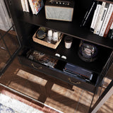 Hitow Curio Cabinet with Glass Doors, Arched Display Cabinet with Drawers & Solid Pine Legs, 34.6" W Arch Bookcase, 5-Tier Black Display Case for Collectibles, Living Room Hitow