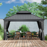 Domi 10x12FT Outdoor Gazebo, Hardtop Gazebo with Galvanized Steel Double Roof, Metal Gazebos with Drainage System Patio Pergola for Patio Deck Backyard,Curtain and Netting,Gray domi outdoor living