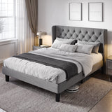 Allewie Full Size Bed Frame with Button Tufted Wingback Headboard, Modern Fabric Upholstered Platform Bed Frame with Strong Wood Slat Support, No Box Spring Needed, Easy Assembly, Light Grey Allewie