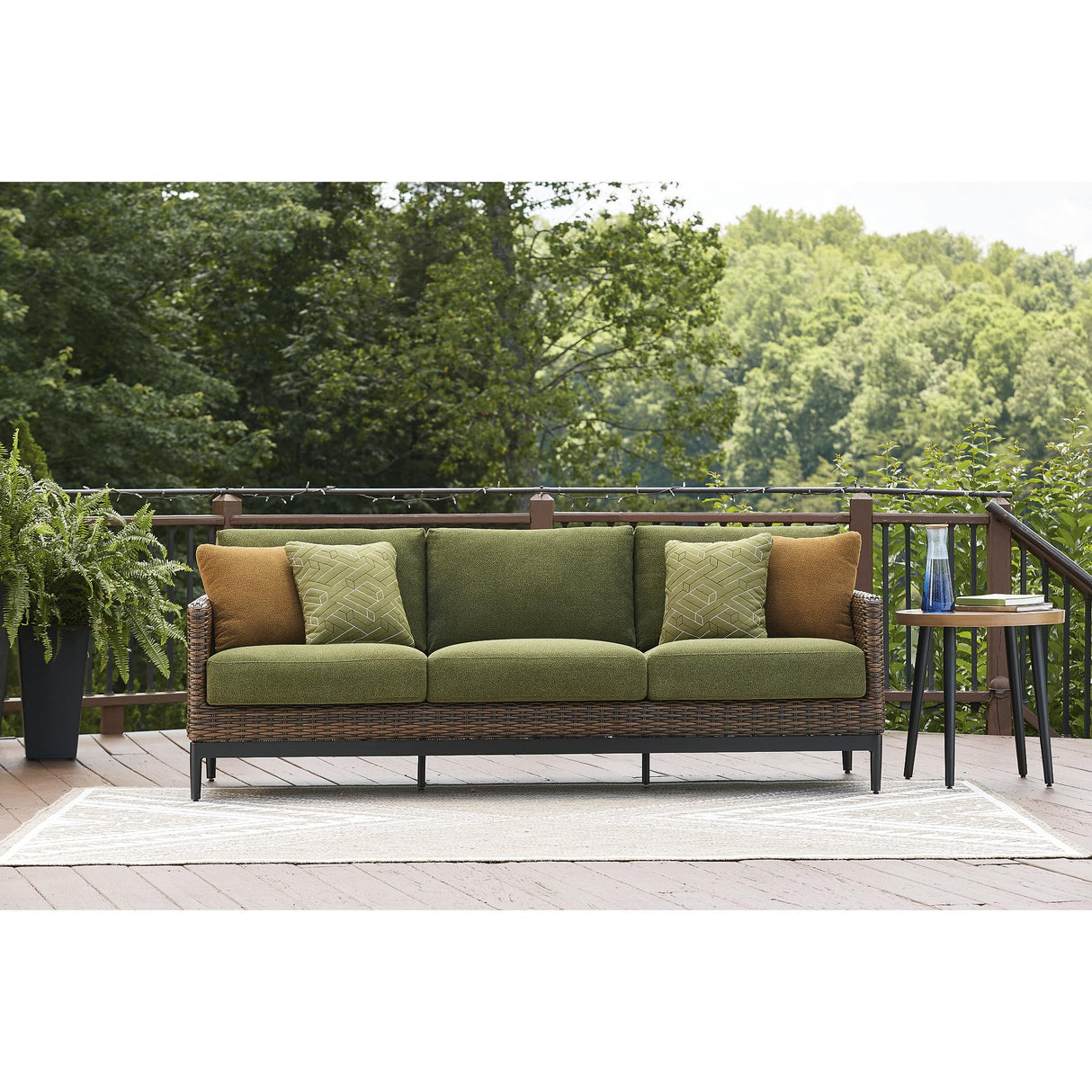 Signature Design by Ashley Horizon Hall Vintage Outdoor Weather Resistant Resin Wicker Sofa with Cushion and 2 Accent Pillows, Green & Dark Brown Signature Design by Ashley