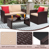 KROFEM 4 Pieces Patio Conversation Set, Outside Rattan Sectional Sofa, Cushioned Furniture Set, Wicker Sofa Ideal for Garden, Porch, Backyard, Brown Color Rattan and Beige Cushion KROFEM
